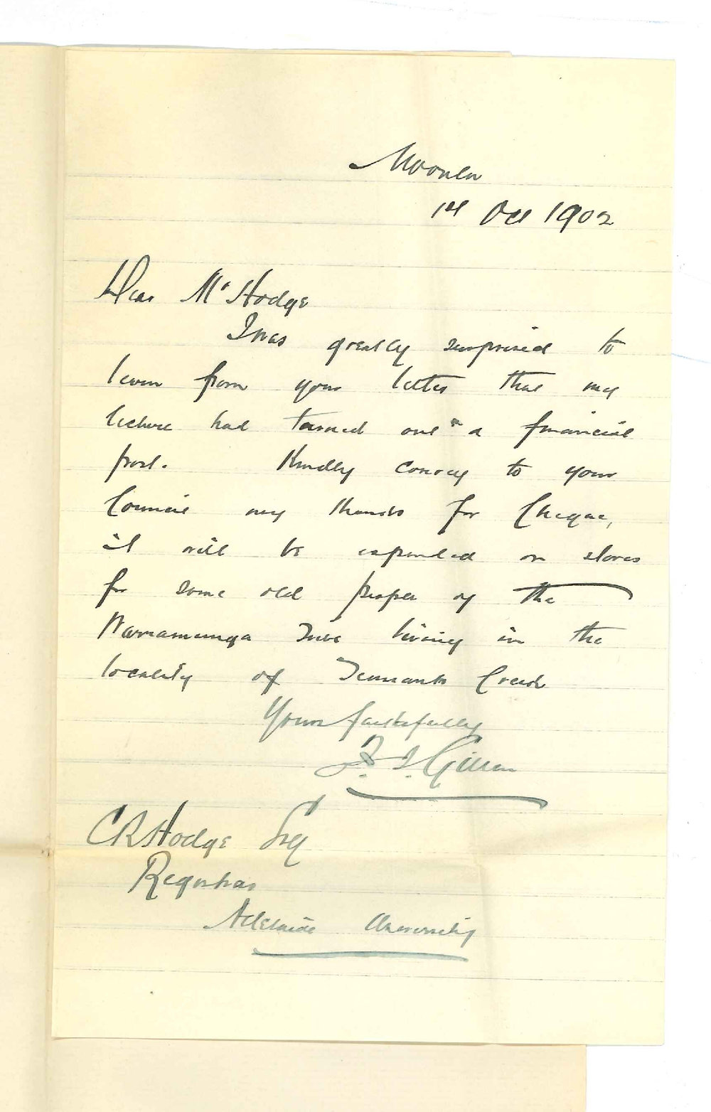 F J Gillen - Moonta - Thanking Council for cheque