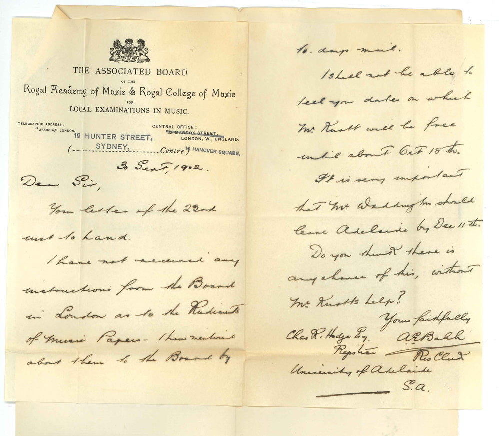 A E Balch - Resident Clerk - The Associated Board - Sydney - Rudiments of Music Exam Paper and departure of Examiner