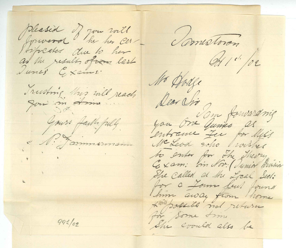 Miss P Zimmerman - Jamestown - Entry for Music Exam Requesting Primary Certificate