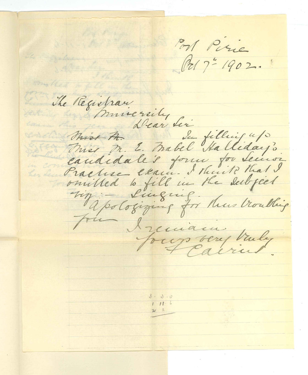 Mrs F Cairns - Port Pirie - Concerning Miss D C Sunmans entry for Senior Singing exam