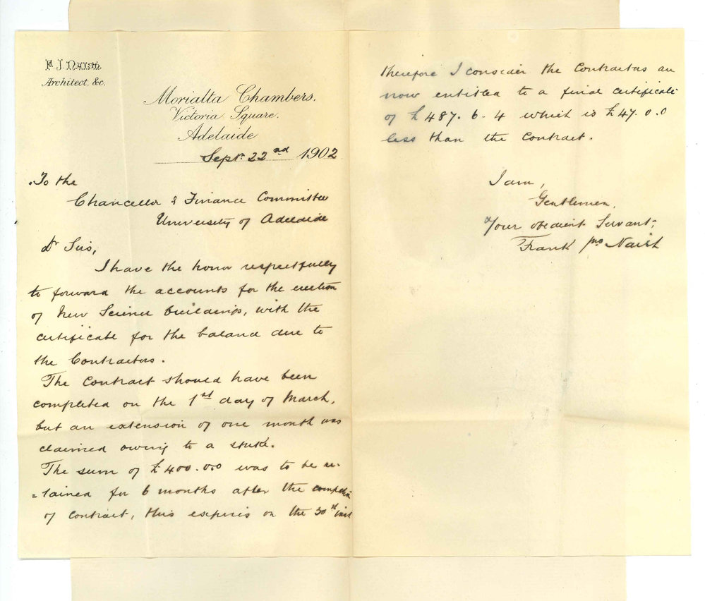 Frank James Naish - Adelaide - Concerning final payment of contract for new science buildings