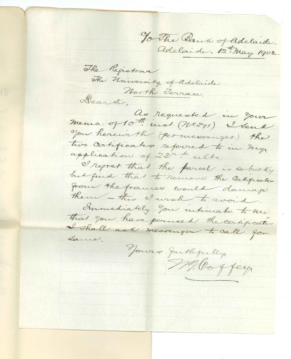 William James Coffey - Adelaide - Forwarding certificates referred to in application of 23 ulto