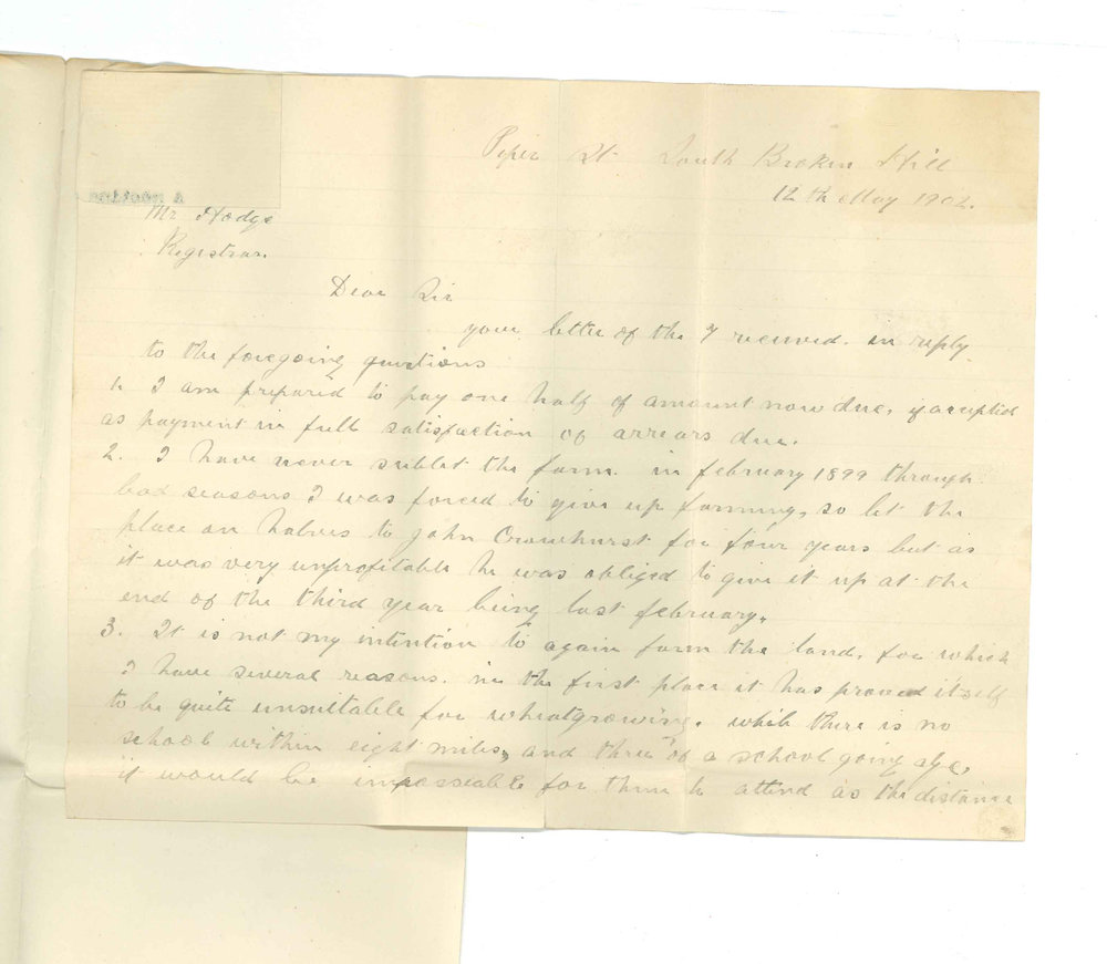 R McLeish - South Broken Hill - Concerning arrears of rent of land at Parnaroo
