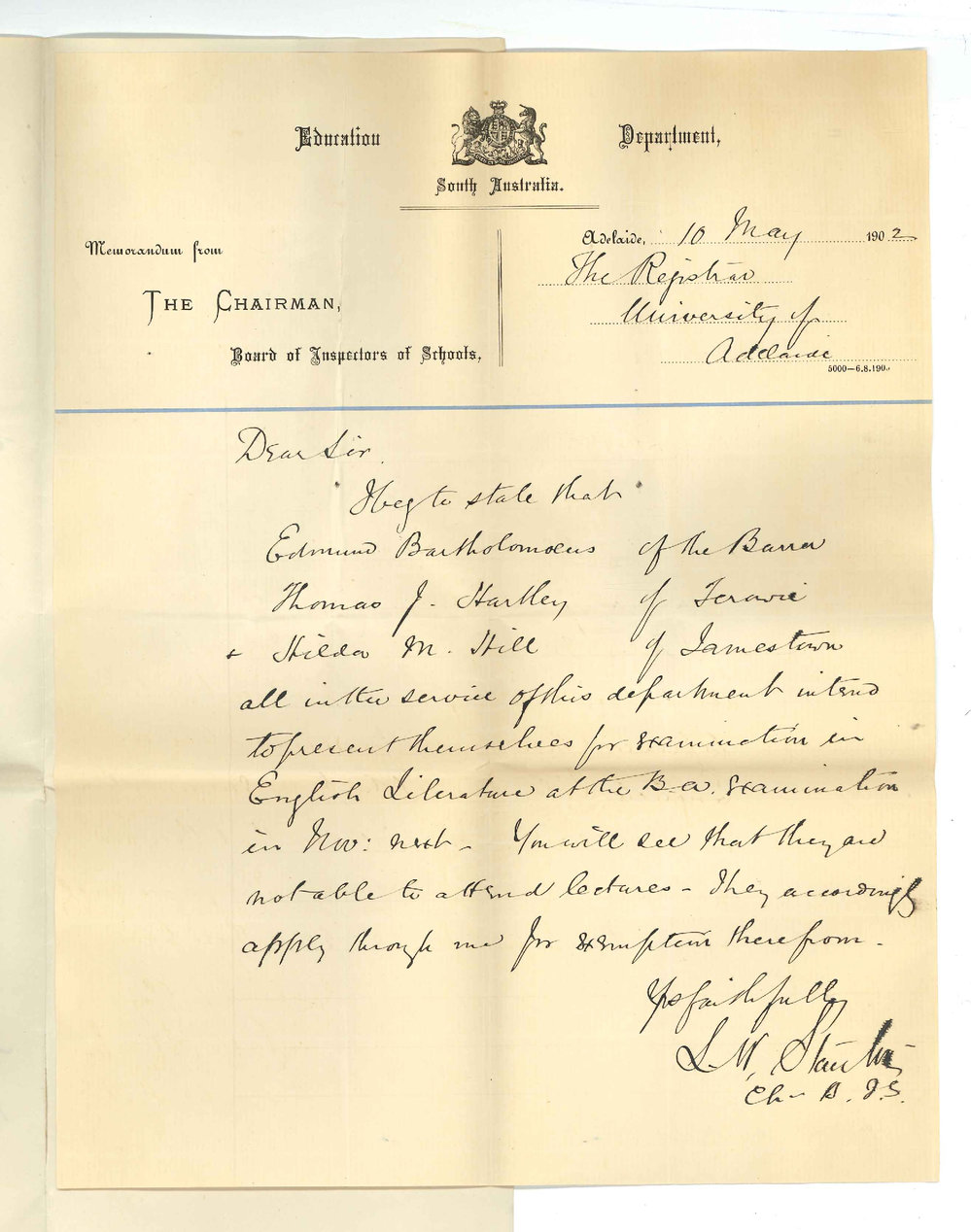 L W Stanton - Education Department - Submitting names for exemption in attendance at lectures