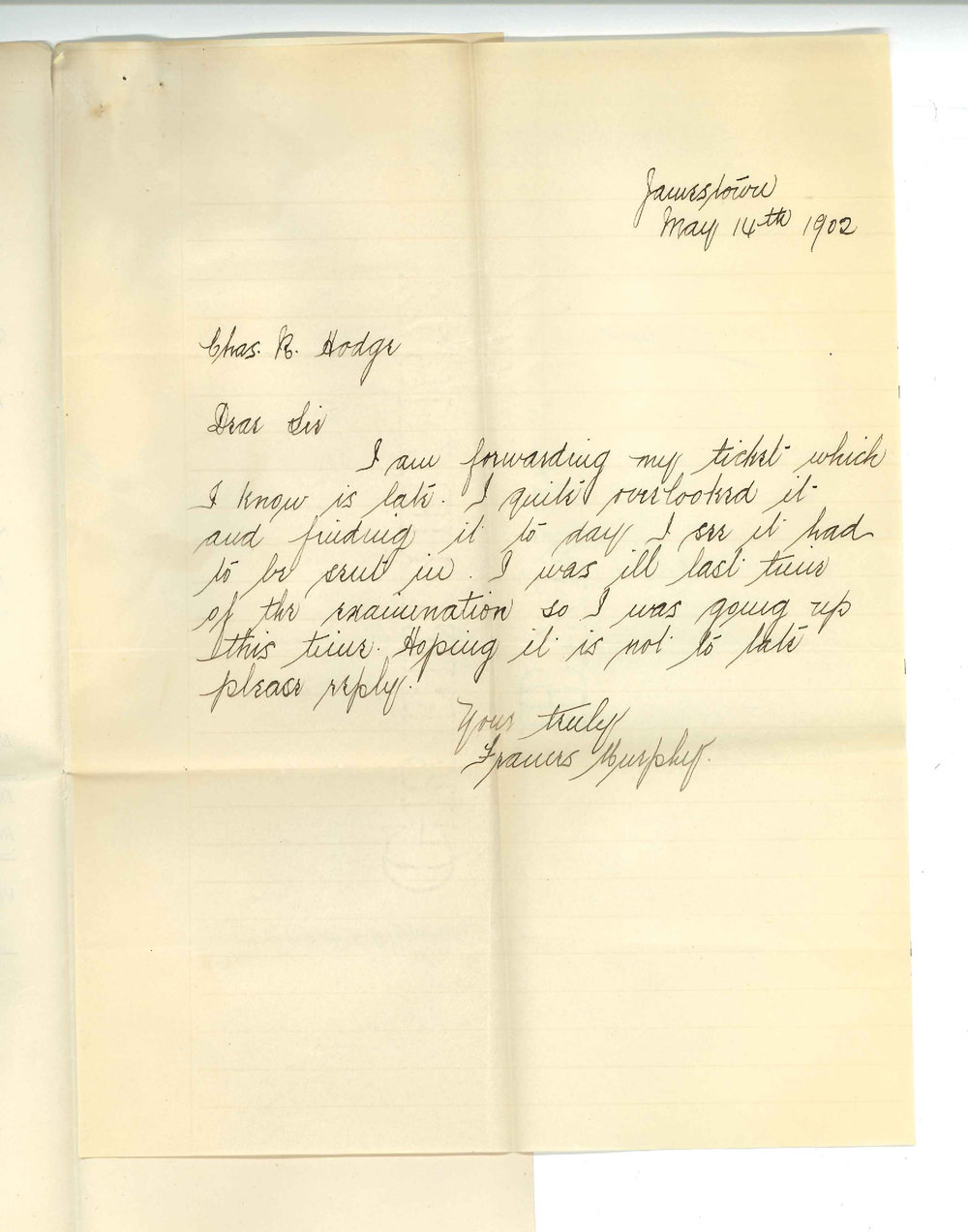 Miss Francis Murphy - Jamestown - Concerning credit of fees for Primary Practice of Music