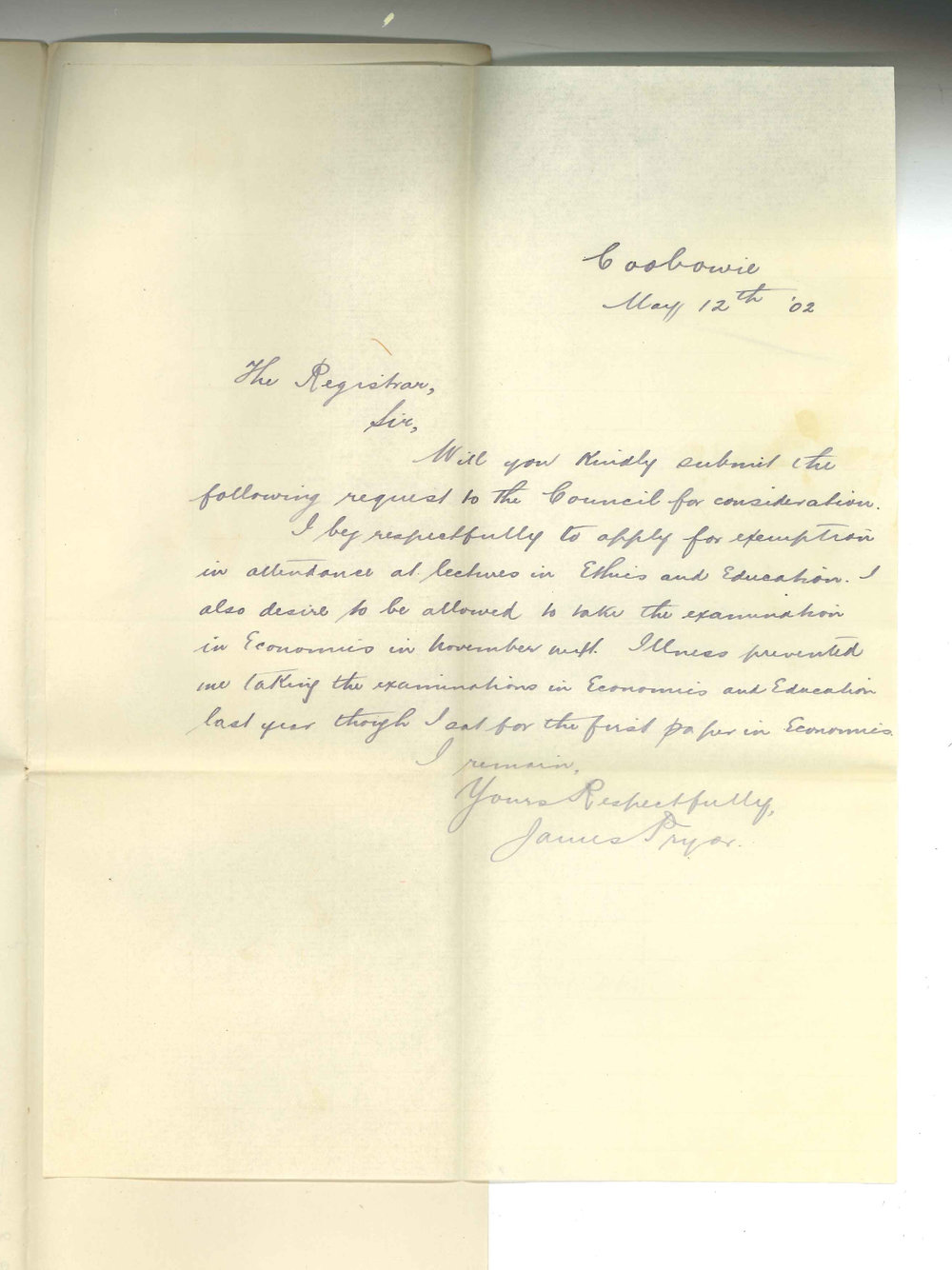 James Pryor - Coobowie - Exemption from attendance at lectures and request to sit for exam in Economics in November next