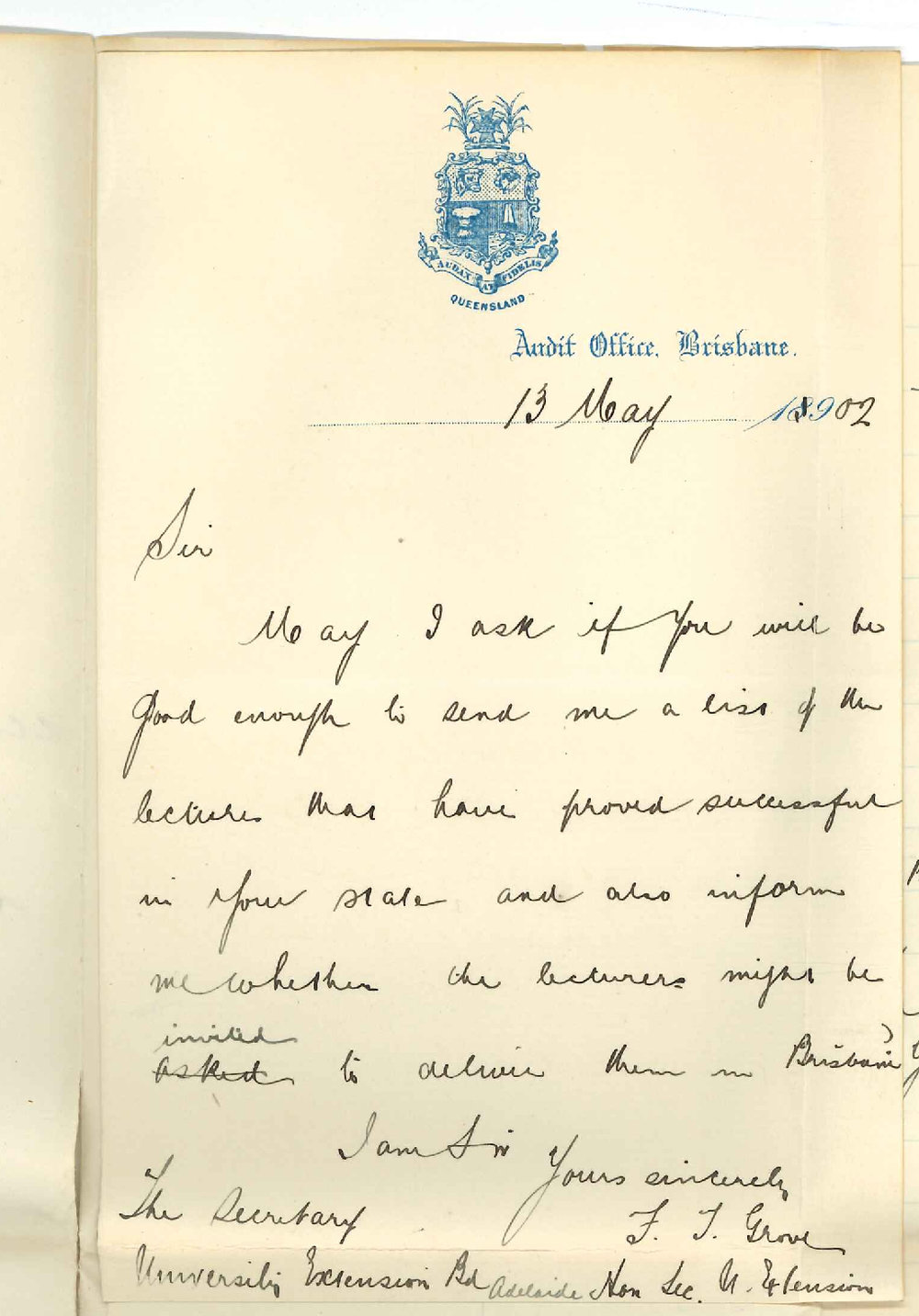 F J Grove - Honorary Secretary - Brisbane University Extension Board - Asking for list of lectures proved successful in this state