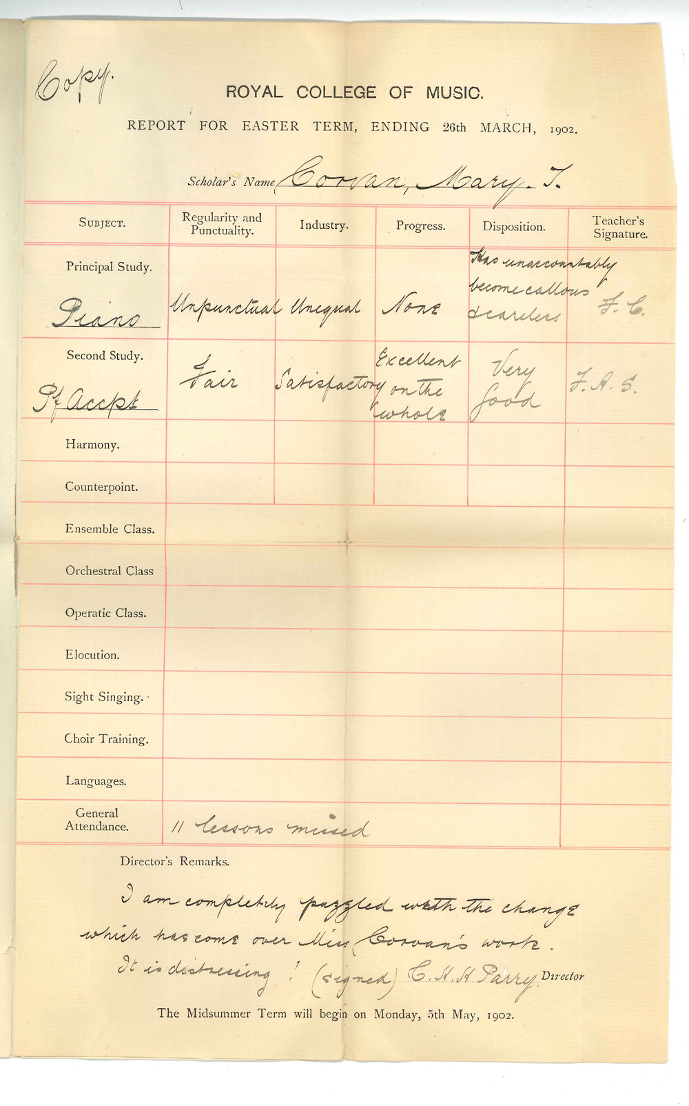 Charles Hubert Hastings Parry - Royal College of Music - London - Progress report for Miss Mary J Cowan
