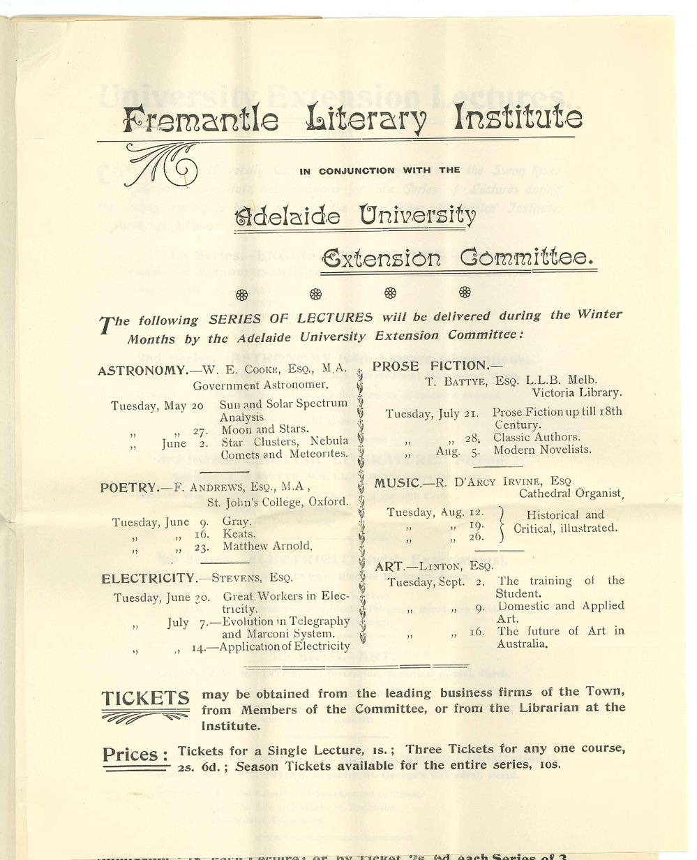 Henry Maurice Joscelyne BA - Perth WA - Forwarding postal note for 10/- - Copy of circular for course of Extension lectures to be delivered at Perth and Fremantle - Acknowledged receipt of Primary Theory cards