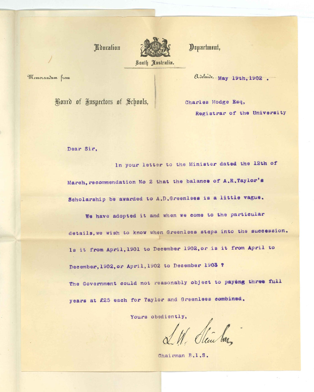 L W Stanton - Education Department - Concerning Scholarship held by A D Greenlees