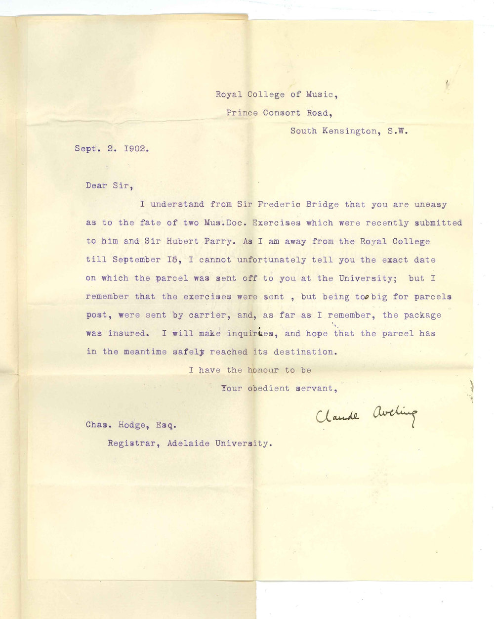 Claude Aveling and Sir Frederic Bridge - London - Delay of Music Doc Exercises