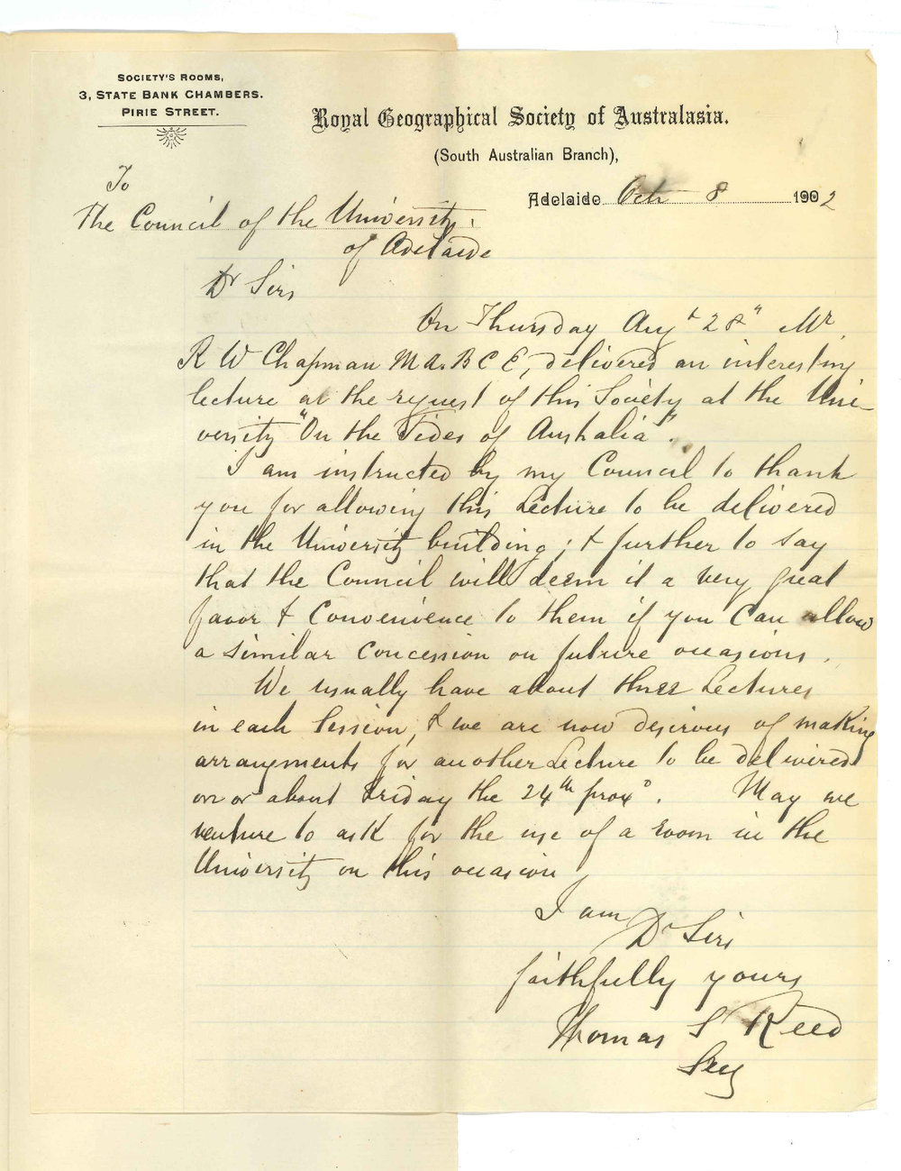 Thomas S Reed - Secretary - Royal Geographical Society of Australasia Adelaide - Use of room for lectures