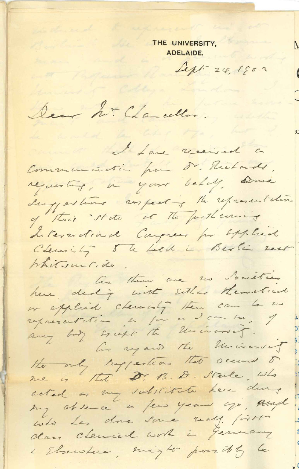 Secretary - International Congress of Applied Chemistry Germany - Invitation to send delegate to Congress