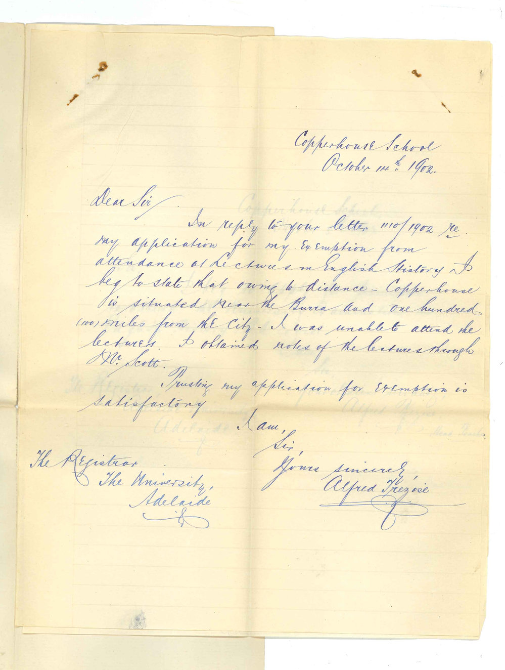 Alfred Trezise - Copperhouse School - Exemption from attendance at lectures
