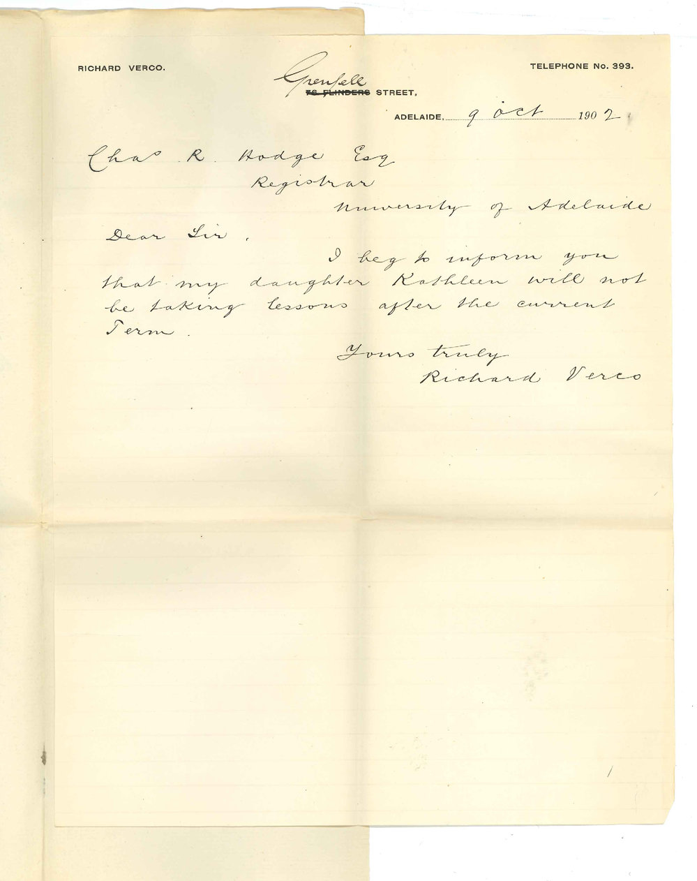 Richard Verco - Adelaide - Daughter Kathleen discontinuing lessons at Conservatorium