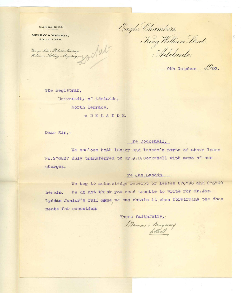 Murray and Magarey - Adelaide - Transferring of Cockshells lease and acknowledging receipt of Lyddons lease