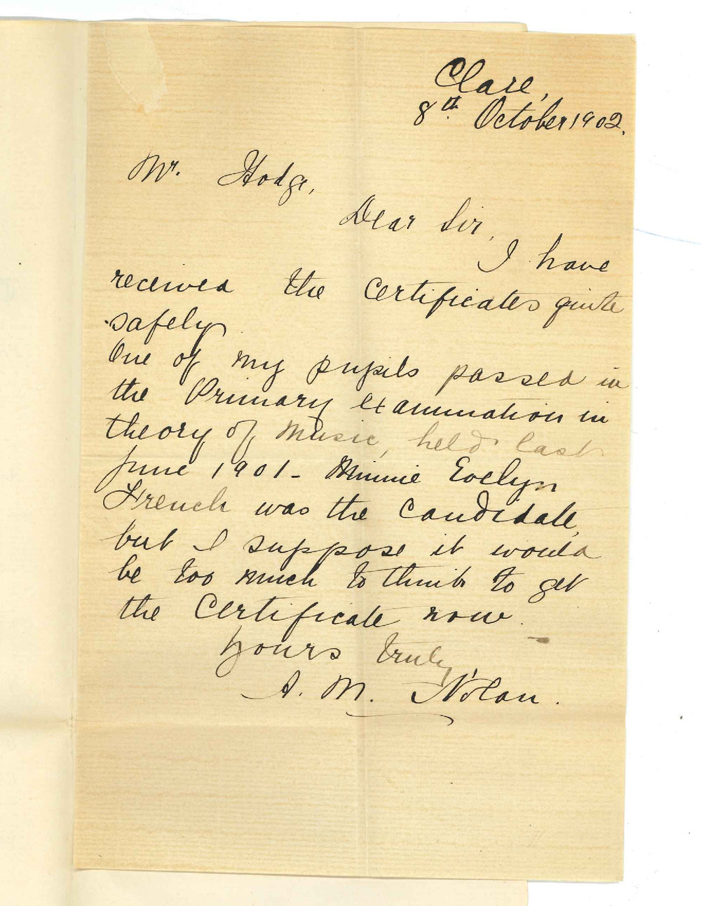 Mrs A M Nolan - Clare - Acknowledging receipt of Certificates and requesting Certificate for Primary Music 1902