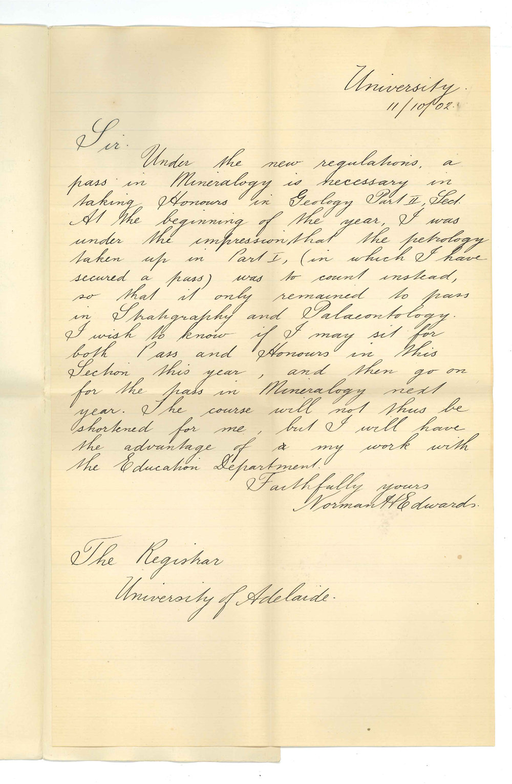 Norman H Edwards - University - Concerning Examination for Geology Honours