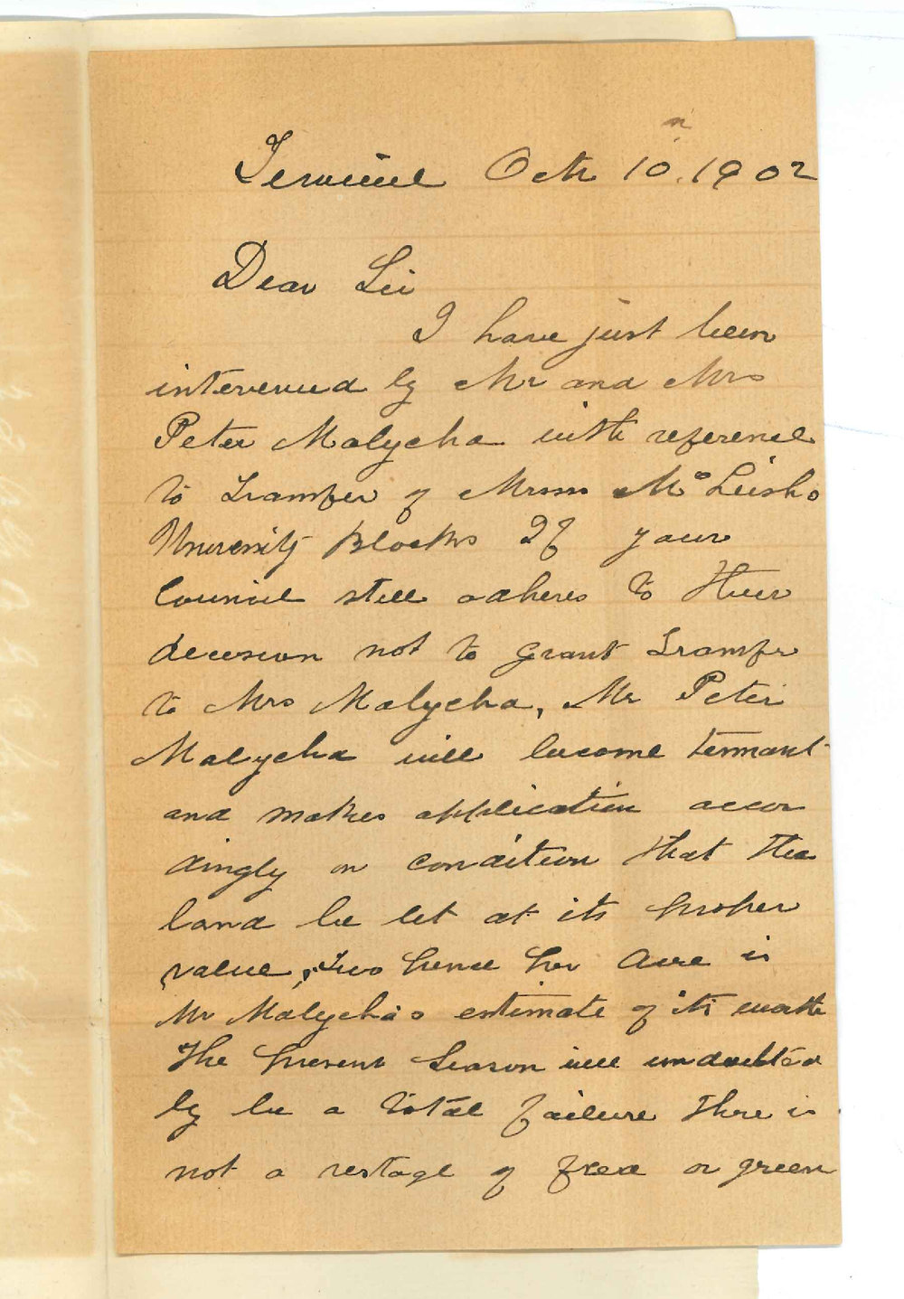 William Summers - Terowie - With respect transferring of McLeishs lease to Mrs Malycha