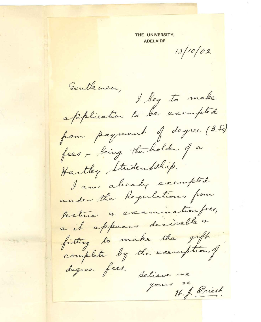 Herbert James Priest - The University - Exemption from paying of Degree fee