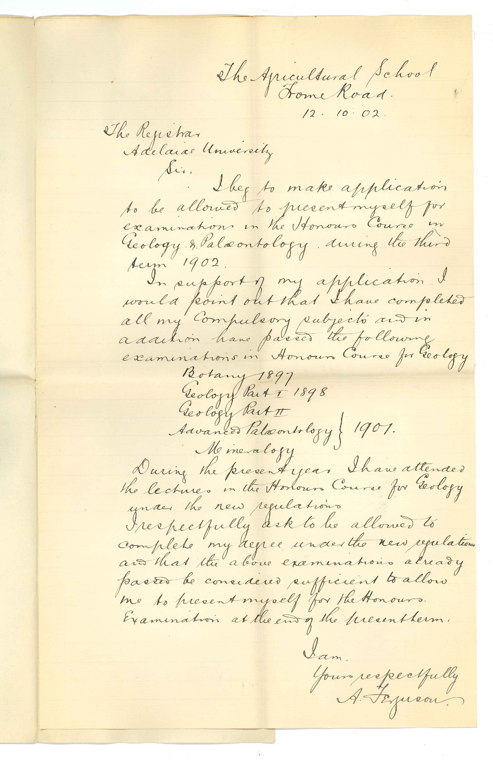 Andrew Ferguson - Adelaide - Application to sit for exam in Geology Honours in November 1902