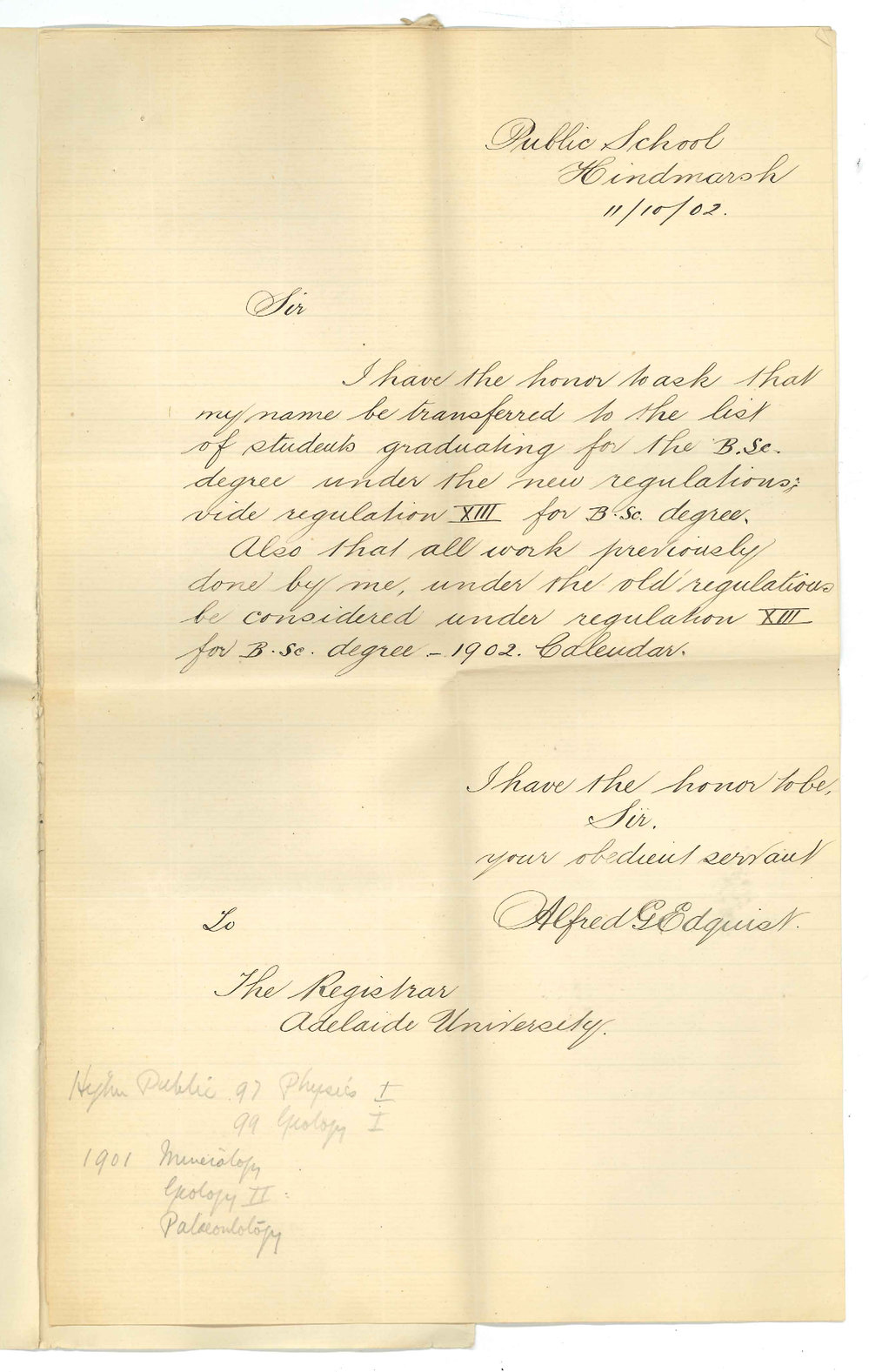 Alfred G Edquist - Hindmarsh - Requesting to be transferred to list of students studying under new Regulations