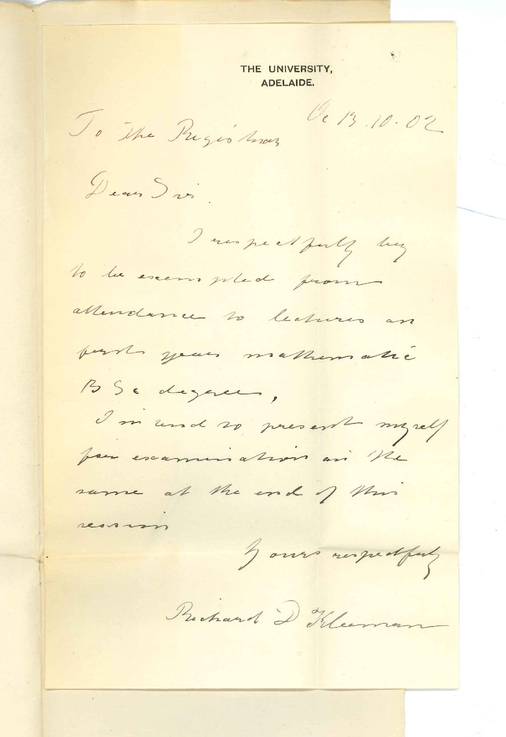 Richard D Kleeman - The University - Exemption attendance at lectures