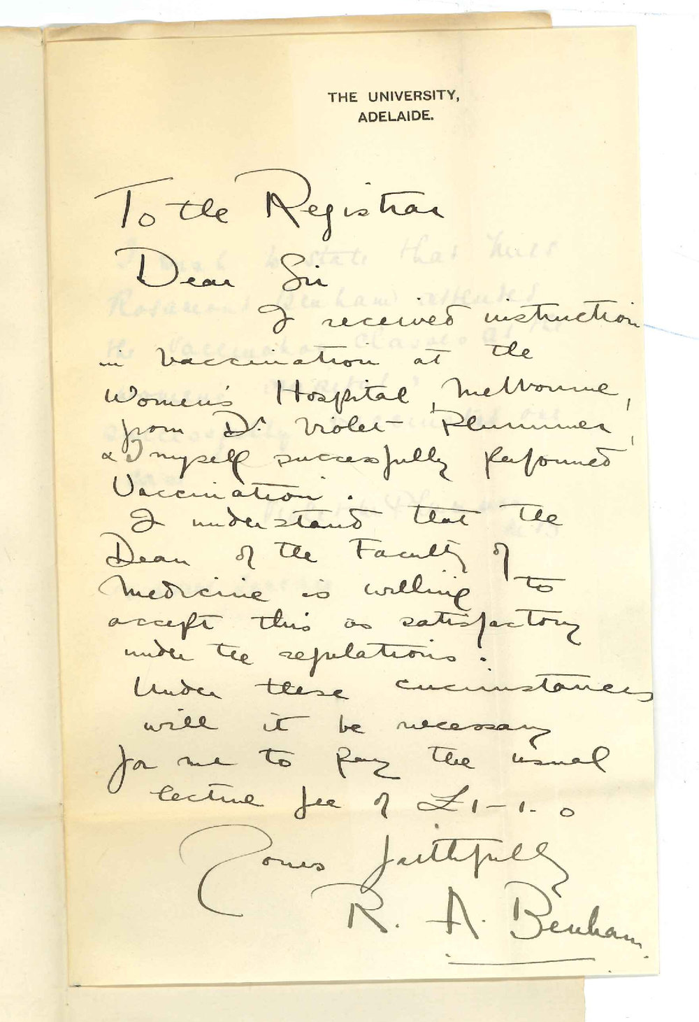 Miss Rosamond Agnes Benham - The University - Certificate for attendance at Vaccination and Exam fee
