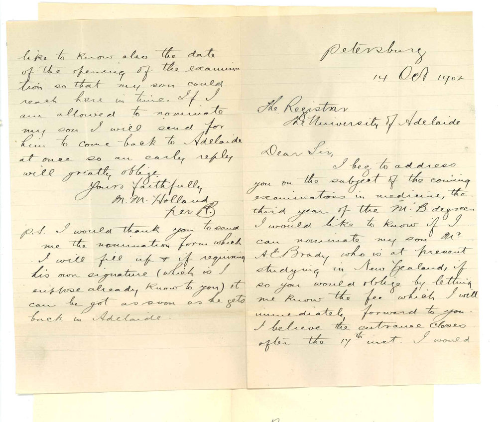 Mrs M M Holland - Petersburg - Entering her son A E Brady for third year MB Exam