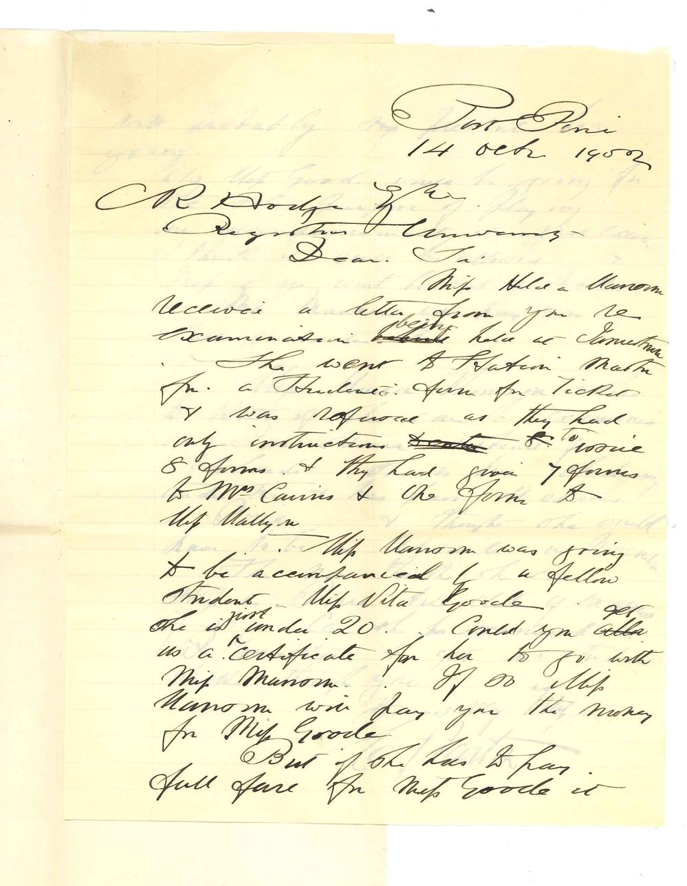 Caulfield Barton - Port Pirie - Asking for railway certificate for students tickets for Miss H Manom may be obtained
