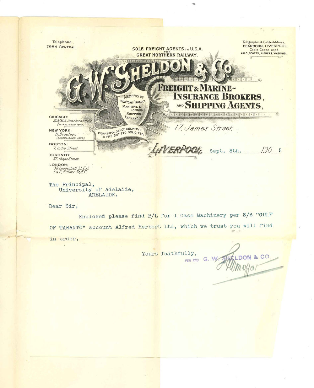 G W Sheldon and Company - Liverpool - Case of Machinery per S S Gulf of Taranto