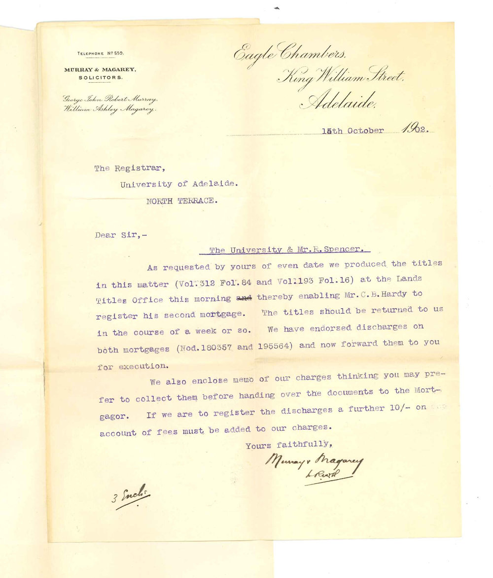 Murray and Magarey - Adelaide - Returning memo of mortgages regarding R Spencer