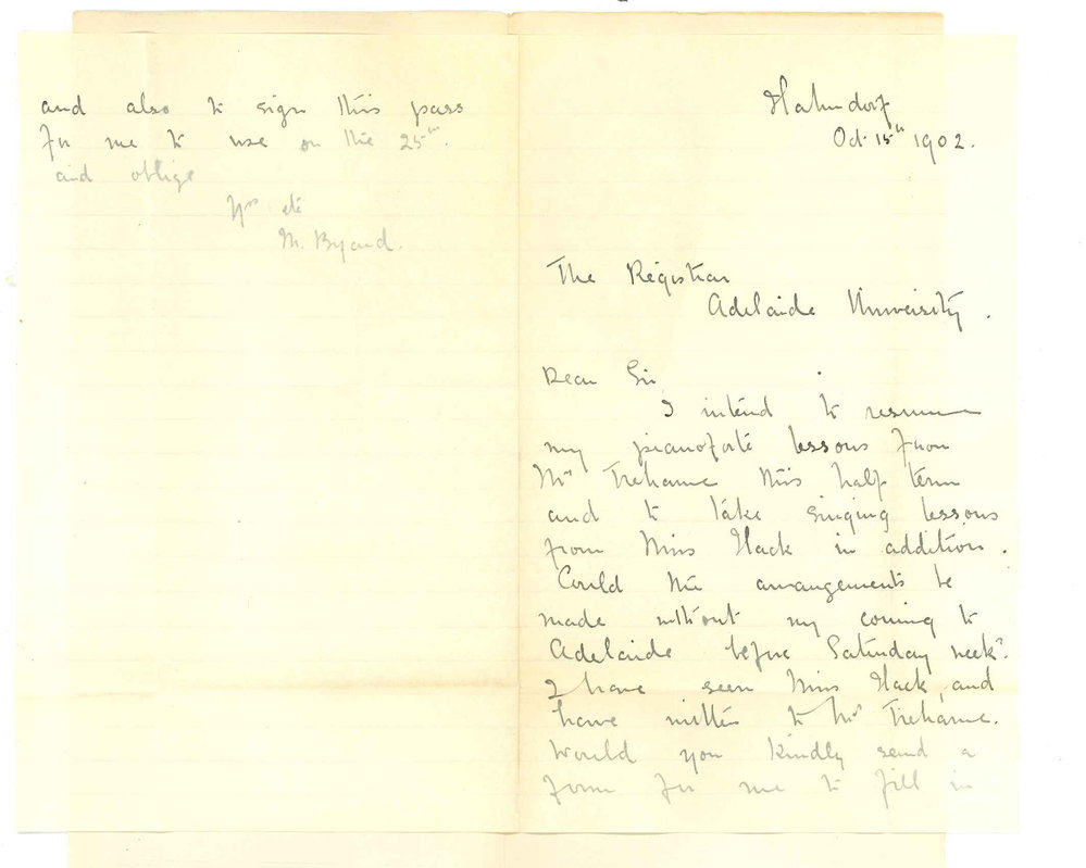 Miss M Byard - Hahndorf - Resuming studies at Conservatorium at second half of third term - Request signature for Railway Certificate