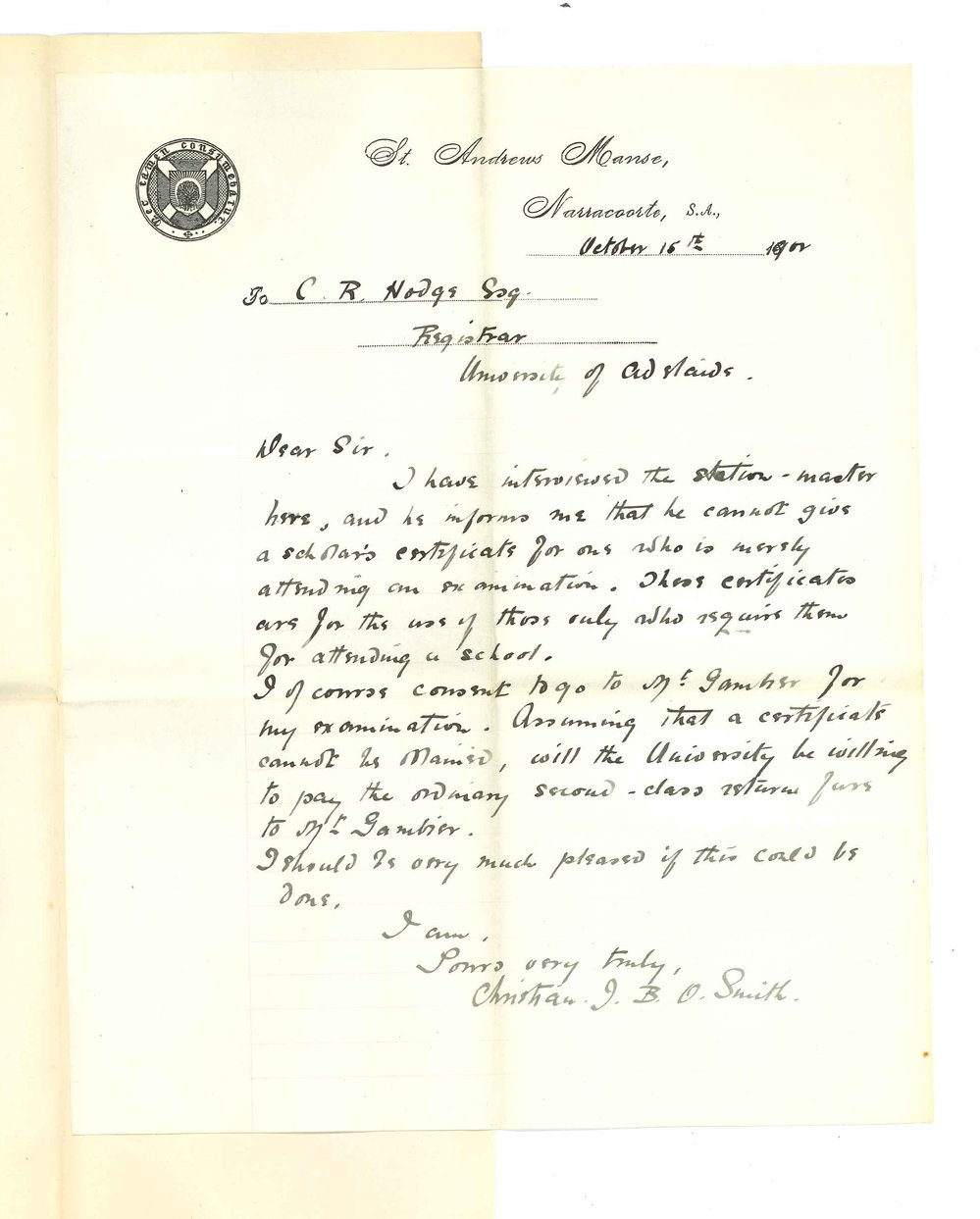 Christian J B O Smith - Naracoorte - Railway certificate for ticket from Naracoorte to Mount Gambier