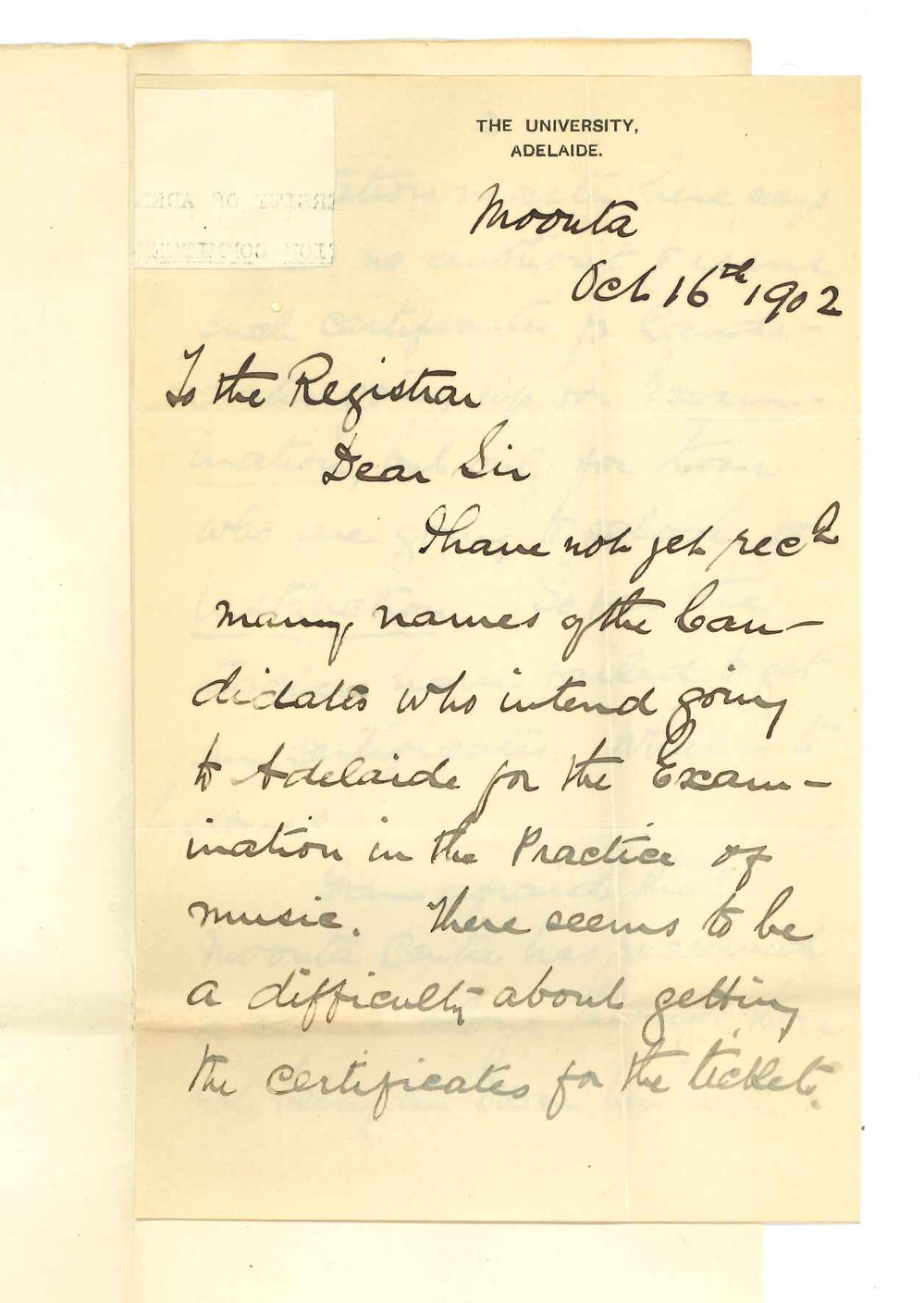 Reverend William Cooke - Moonta - Practice of Music being held in Adelaide and Railway Certificates