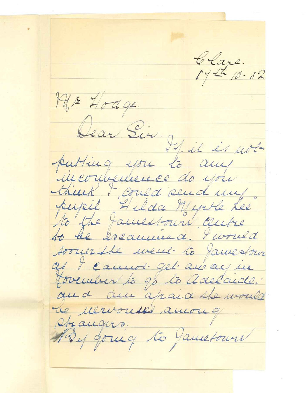 Miss Lizzie Lee - Clare - Asking that Miss H M Lee may be examined at Jamestown in Practice of Music