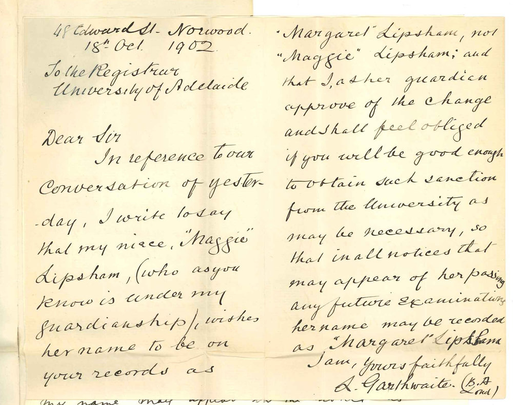 Miss Margaret Lipsham - Norwood - Alteration of Christian name on University records