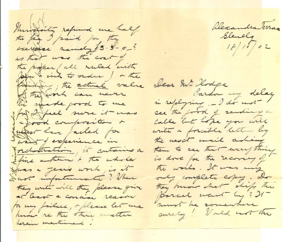 Mrs F Kelly - Glenelg - Regarding cabling to London concerning Music Doc exercises