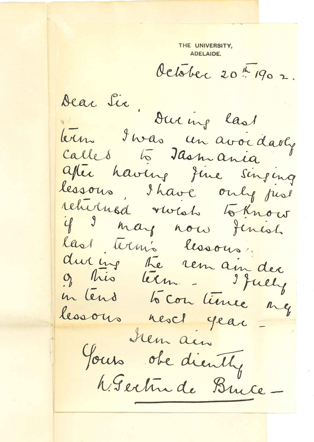 Miss N Gertrude Bruce - Adelaide - Lessons missed at Conservatorium during second term