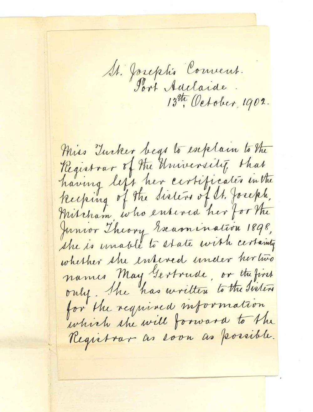 Miss Tucker - St Josephs Convent Port Adelaide - Stating that Miss M G Tucker is identical with Miss May Tucker
