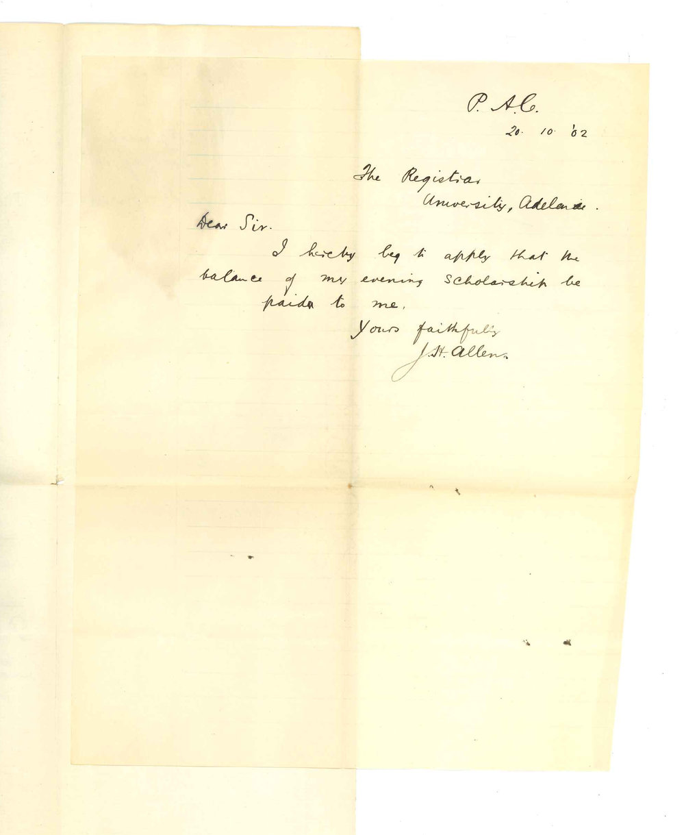 John Howard Allen - Prince Alfred College - Requesting surplus of Evening Scholarship
