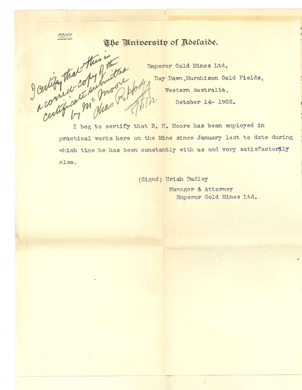 B H Moore - Day Dawn WA - Admission to Associateship in Mining Course in absentia - Certificates of subjects passed in BSc Course