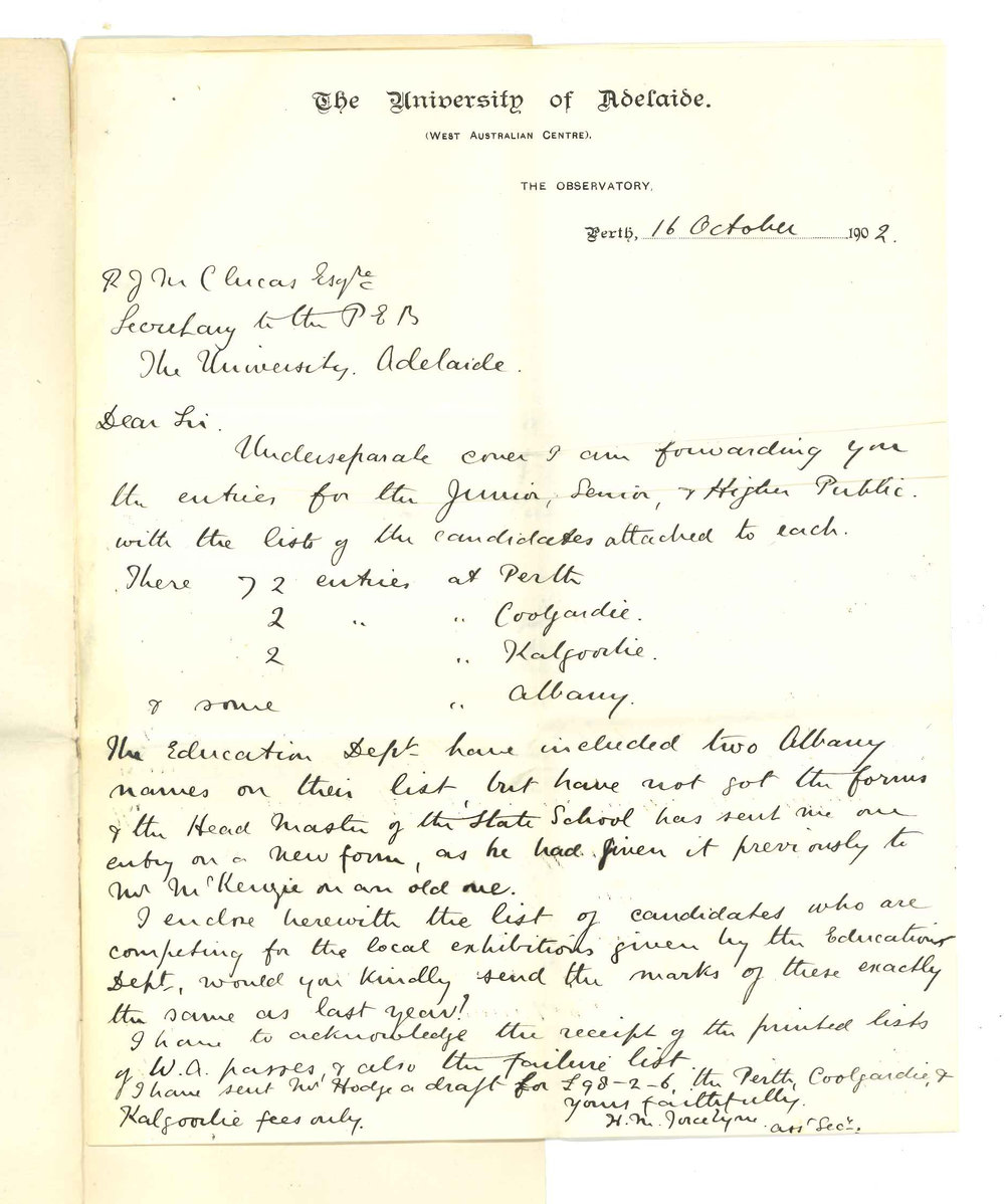 Henry Maurice Joscelyne - Perth WA - Draft and Entries for Public Examinations and names of WA Exhibitioners