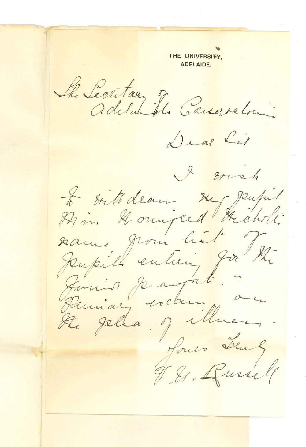 Miss V Russell - Adelaide - Withdrawing Miss W Nicholls from Junior Pianoforte Exam