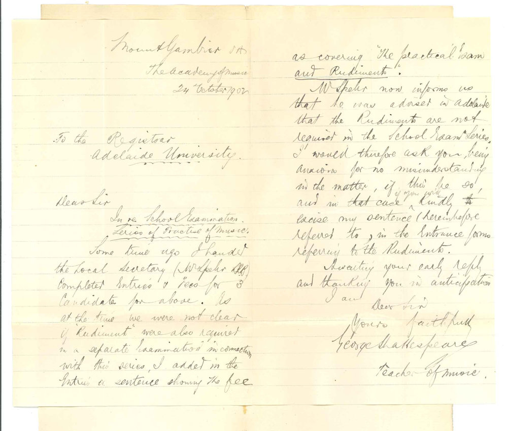 George Shakespeare - Mount Gambier - Regarding his entries for School Examinations