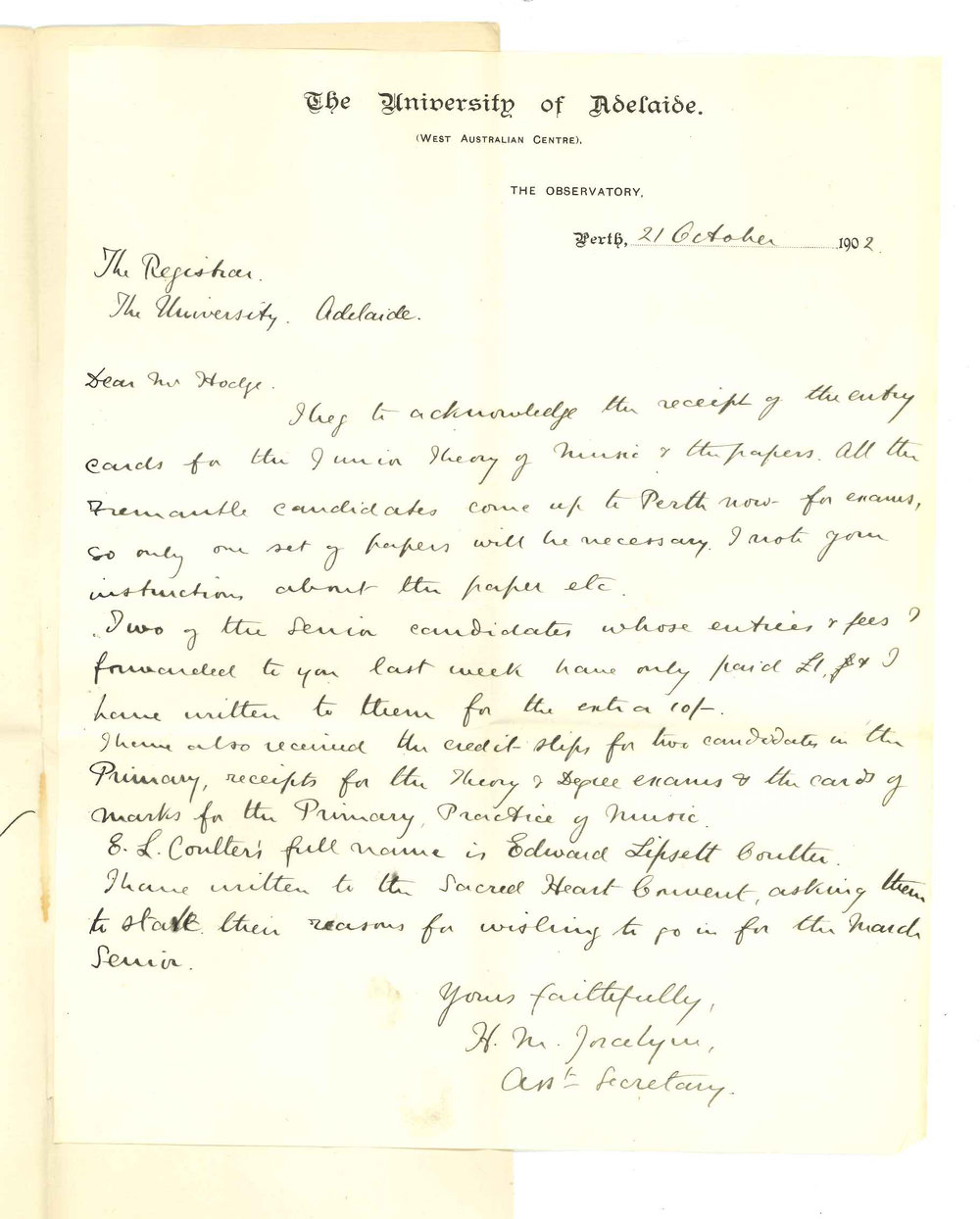 Henry Maurice Joscelyne - Perth WA - Receipt of Entry Cards and Exam Papers for Junior Theory and Credit Slips for two candidates in Primary and E L Coulters full name - Senior Exam in March
