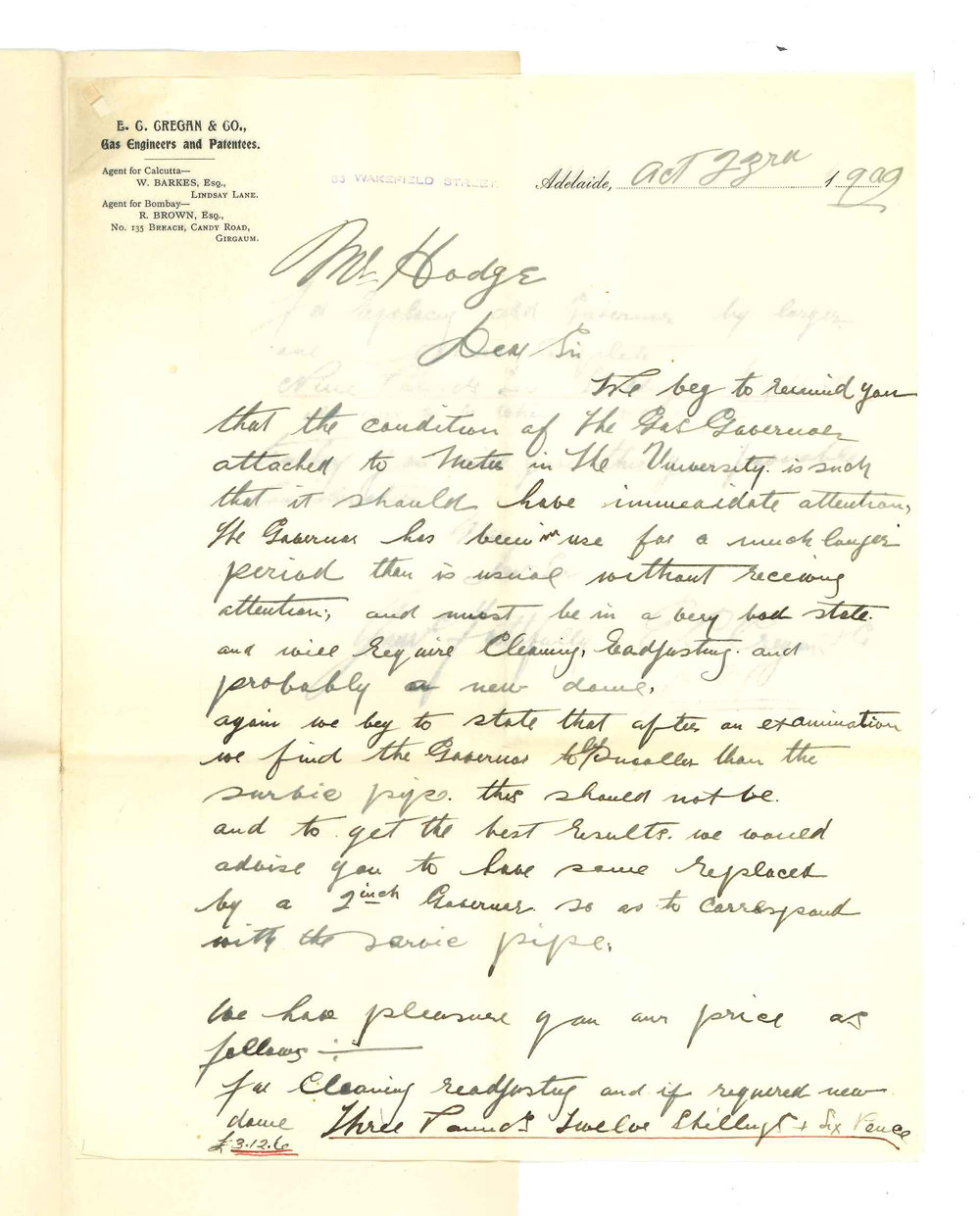 E G Gregan and Company - Adelaide - Price repairing of Gas Governor attached to Meter