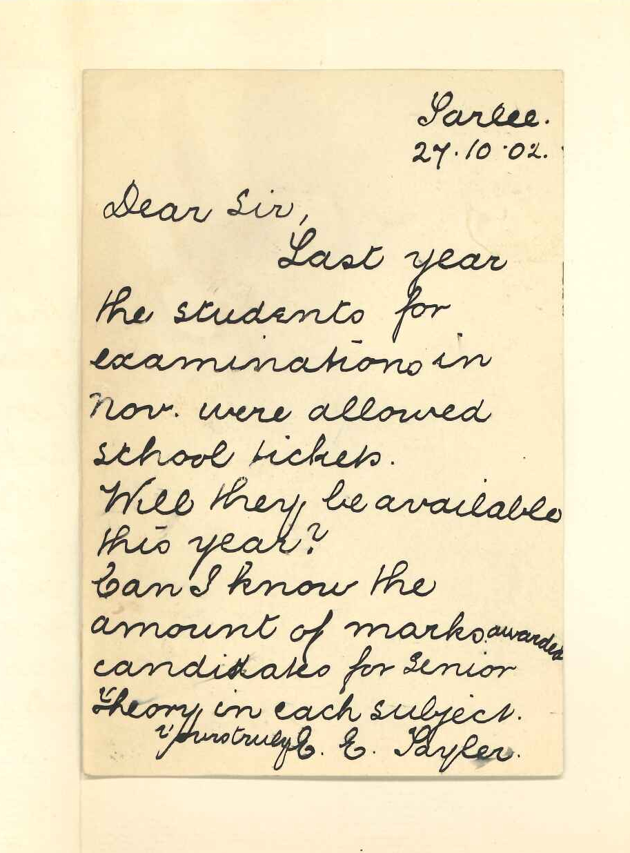 Miss E E Tayler - Tarlee - Reduction Railway tickets for Exam candidates - Requesting number of marks award for Senior Theory