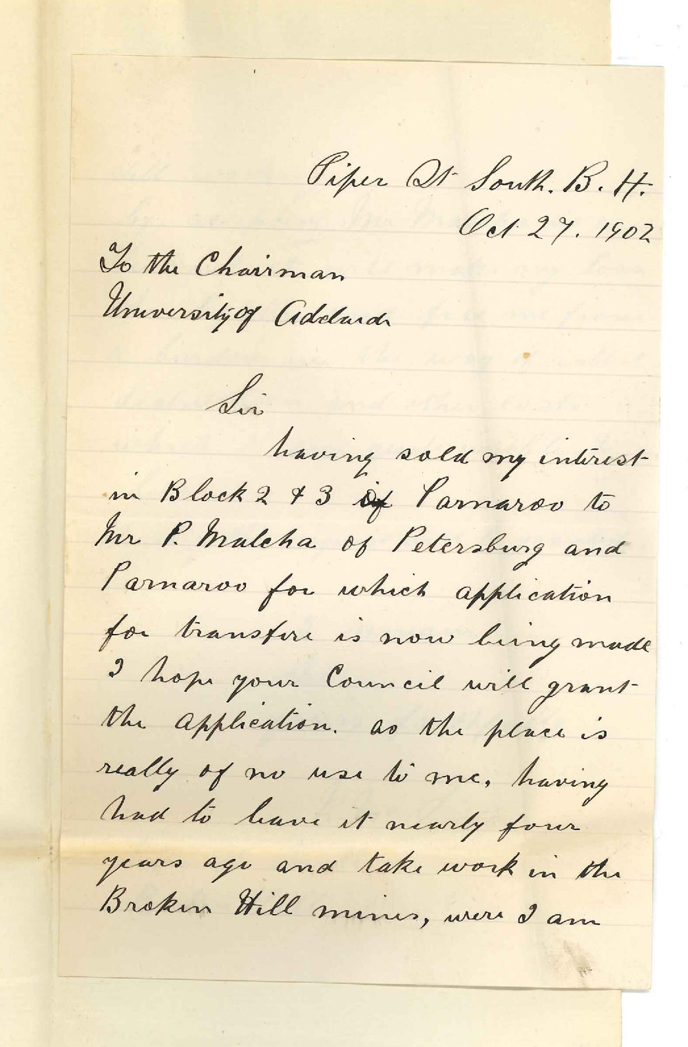 R McLeish - Broken Hill - Requesting Lease may be transferred to Mr P Malycha