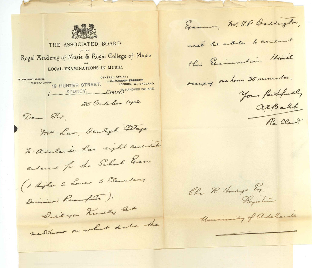 A E Balch - Resident Clerk - The Associated Board - Sydney - Requesting time Examiner may examine Mrs Laws candidates for School Exams
